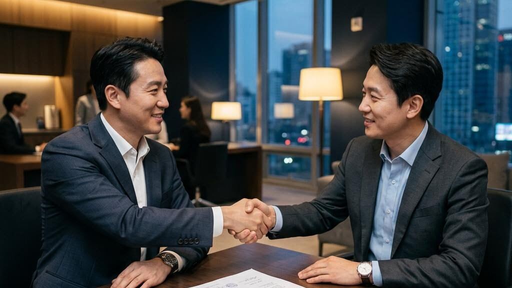 법인대리운전 계약서를 놓고 악수하는 두 실무자