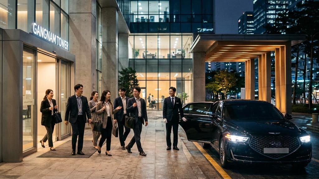 야근 후 회사 앞에서 대리운전 차량으로 안전하게 귀가하는 직원들