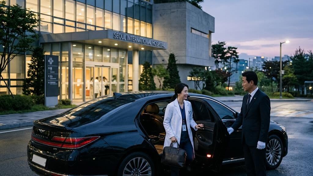 새벽 병원 앞에서 수행 차량에 탑승하는 의사