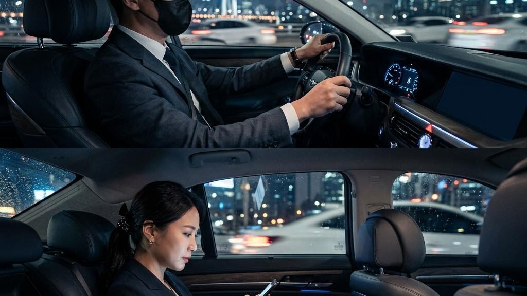 야간에 임원을 태우고 운행 중인 정장 차림의 전문 기사