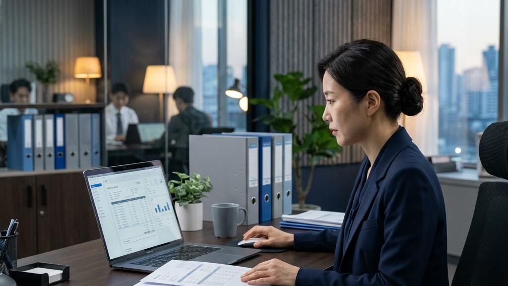 노트북으로 전자세금계산서를 확인하는 경리 담당자